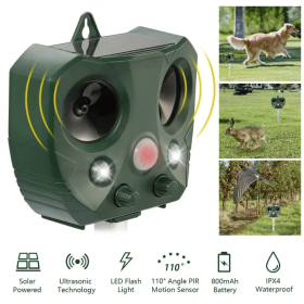 Ultrasonic Animal Repeller Solar Powered Repellent With Motion Sensor LED Flashing Lights