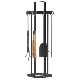 Outsunny 5 Piece Metal Fireplace Tools Set with Brush Broom, Poker, Shovel, Tongs, and Stand for Indoor or Outdoor, Black