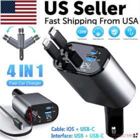 Retractable Car Charger 4 in 1 Fast Car Phone Charger 120W With USB Type C Cable