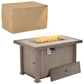 Outsunny Propane Fire Pit Table, 30,000 BTU 42" Wicker-Effect Gas Fire Table, Auto-Ignition Rectangular Outdoor Firepit with Lid, Ceramic Tableto
