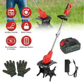 21V Electric Cordless Tiller Cultivator Powered Garden Tiller With 4 Blades 16 Steel Tines 550W 300RPM 4000mAh Battery Tilling 9-in Width & 9-in Depth