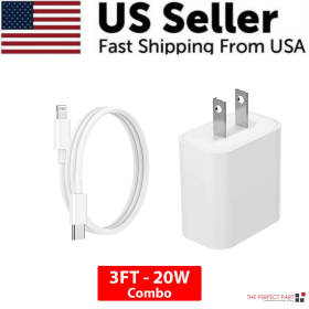 2024 20W USB-C Fast Charger PD Adapter Cable For iPhone 14/13/12/11 XR Pro iPad (Combo: 20W Adapter + 3FT Cable)